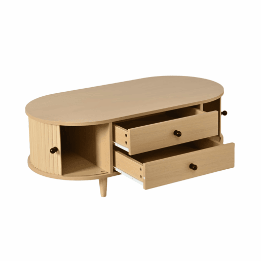 Mesa de centro redonda 100×50×36 cm - portas de correr, 2 gavetas, MDF, pés em madeira maciça, capacidade de carga de 50 kg - madeira natural Mesa de centro redonda 100×50×36 cm - portas de correr, 2 gavetas, MDF, pés em madeira maciça, capacidade de carga de 50 kg - madeira natural