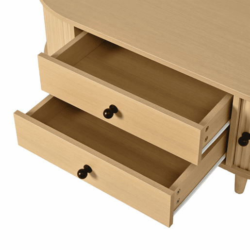 Mesa de centro redonda 100×50×36 cm - portas de correr, 2 gavetas, MDF, pés em madeira maciça, capacidade de carga de 50 kg - madeira natural Mesa de centro redonda 100×50×36 cm - portas de correr, 2 gavetas, MDF, pés em madeira maciça, capacidade de carga de 50 kg - madeira natural