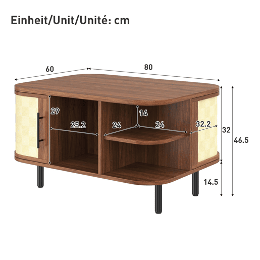 Mesa de centro, mesa auxiliar u2014 sem dimensões especificadas u2014 forma curva, superfície trançada, estrutura em MDF, pés e puxadores metálicos, com espaço de arrumação u2014 nogueira Mesa de centro, mesa auxiliar u2014 sem dimensões especificadas u2014 forma curva, superfície trançada, estrutura em MDF, pés e puxadores metálicos, com espaço de arrumação u2014 nogueira