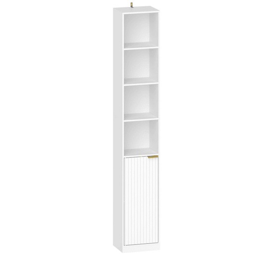 HOMCOM Estante para Livros de 6 Níveis, Alta e Estreita, com 4 Prateleiras Abertas, Porta e Prateleira Ajustável, 30x24x182 cm, Branco