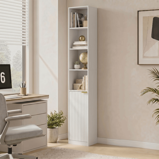 HOMCOM Estante para Livros de 6 Níveis, Alta e Estreita, com 4 Prateleiras Abertas, Porta e Prateleira Ajustável, 30x24x182 cm, Branco