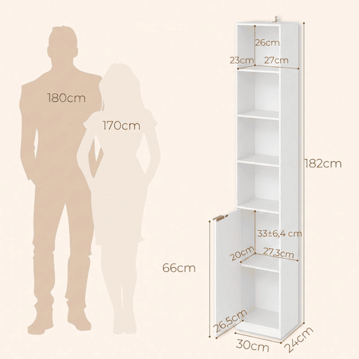 HOMCOM Estante para Livros de 6 Níveis, Alta e Estreita, com 4 Prateleiras Abertas, Porta e Prateleira Ajustável, 30x24x182 cm, Branco