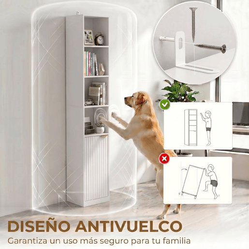 HOMCOM Estante para Livros de 6 Níveis, Alta e Estreita, com 4 Prateleiras Abertas, Porta e Prateleira Ajustável, 30x24x182 cm, Branco