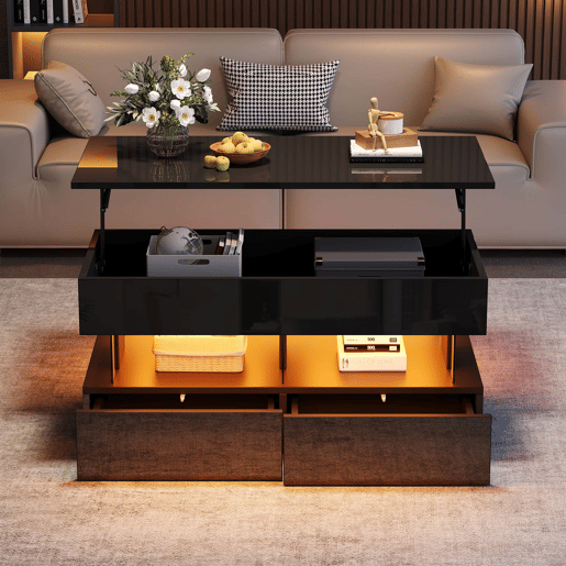 Mesa de centro elevável 100x50x46 cm - tampo regulável em altura, arrumação oculta, acabamento de alto brilho, LED, 2 gavetas, MDF + acrílico - preto Mesa de centro elevável 100x50x46 cm - tampo regulável em altura, arrumação oculta, acabamento de alto brilho, LED, 2 gavetas, MDF + acrílico - preto