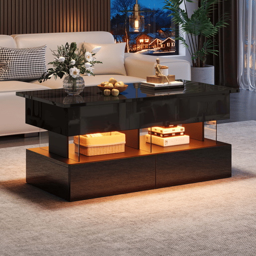 Mesa de centro elevável 100x50x46 cm - tampo regulável em altura, arrumação oculta, acabamento de alto brilho, LED, 2 gavetas, MDF + acrílico - preto Mesa de centro elevável 100x50x46 cm - tampo regulável em altura, arrumação oculta, acabamento de alto brilho, LED, 2 gavetas, MDF + acrílico - preto
