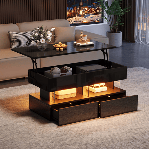 Mesa de centro elevável 100x50x46 cm - tampo regulável em altura, arrumação oculta, acabamento de alto brilho, LED, 2 gavetas, MDF + acrílico - preto Mesa de centro elevável 100x50x46 cm - tampo regulável em altura, arrumação oculta, acabamento de alto brilho, LED, 2 gavetas, MDF + acrílico - preto