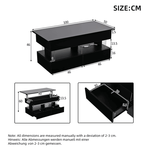 Mesa de centro elevável 100x50x46 cm - tampo regulável em altura, arrumação oculta, acabamento de alto brilho, LED, 2 gavetas, MDF + acrílico - preto Mesa de centro elevável 100x50x46 cm - tampo regulável em altura, arrumação oculta, acabamento de alto brilho, LED, 2 gavetas, MDF + acrílico - preto