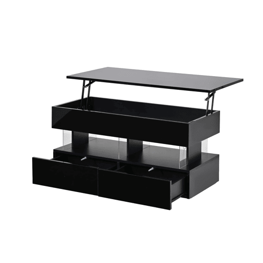 Mesa de centro elevável 100x50x46 cm - tampo regulável em altura, arrumação oculta, acabamento de alto brilho, LED, 2 gavetas, MDF + acrílico - preto Mesa de centro elevável 100x50x46 cm - tampo regulável em altura, arrumação oculta, acabamento de alto brilho, LED, 2 gavetas, MDF + acrílico - preto