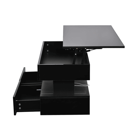 Mesa de centro elevável 100x50x46 cm - tampo regulável em altura, arrumação oculta, acabamento de alto brilho, LED, 2 gavetas, MDF + acrílico - preto Mesa de centro elevável 100x50x46 cm - tampo regulável em altura, arrumação oculta, acabamento de alto brilho, LED, 2 gavetas, MDF + acrílico - preto