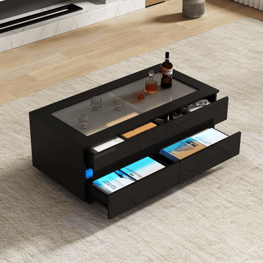 Mesa de centro 100 x 50 x 40 cm - 4 gavetas, LED, vidro temperado, acabamento de alto brilho, tampo em aglomerado, 35 kg - preto Mesa de centro 100 x 50 x 40 cm - 4 gavetas, LED, vidro temperado, acabamento de alto brilho, tampo em aglomerado, 35 kg - preto