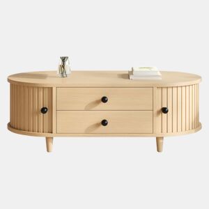 Mesa de centro redonda 100×50×36 cm - portas de correr, 2 gavetas, MDF, pés em madeira maciça, capacidade de carga de 50 kg - madeira natural