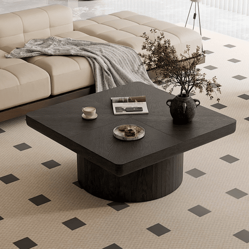 Mesa de centro quadrada 78x78 cm - moderna, com tampo com efeito de madeira e padrão de parquet, e base cilíndrica, tampo espesso - Preto