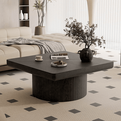 Mesa de centro quadrada 78x78 cm - moderna, com tampo com efeito de madeira e padrão de parquet, e base cilíndrica, tampo espesso - Preto