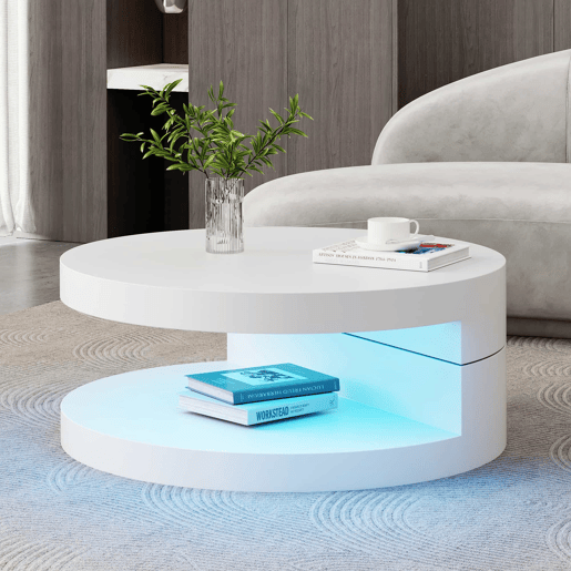 Mesa de centro 70 x 70 x 35,5 cm - Tampo giratório a 360° com luz LED, 2 níveis, capacidade de carga de 30 kg - Branco Mesa de centro 70 x 70 x 35,5 cm - Tampo giratório a 360° com luz LED, 2 níveis, capacidade de carga de 30 kg - Branco