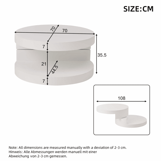 Mesa de centro 70 x 70 x 35,5 cm - Tampo giratório a 360° com luz LED, 2 níveis, capacidade de carga de 30 kg - Branco Mesa de centro 70 x 70 x 35,5 cm - Tampo giratório a 360° com luz LED, 2 níveis, capacidade de carga de 30 kg - Branco