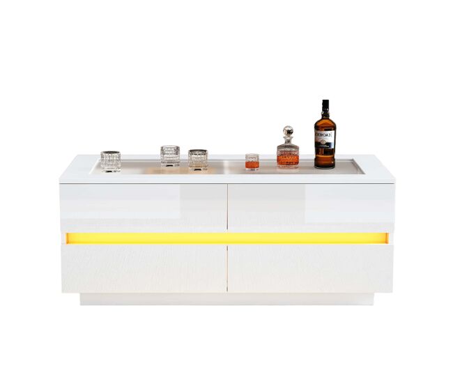 Mesa de centro moderna 100x50x40cm - 4 cajones, led, cristal templado, acabado alto brillo, aglomerado 35kg - blanco