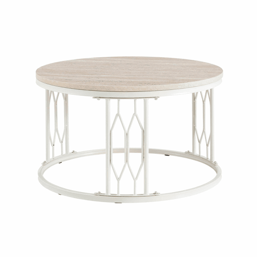 Mesa de centro redonda 70 x 40,5 cm u2014 design moderno com tampo com efeito de madeira e estrutura geométrica em metal u2014 Branco Mesa de centro redonda 70 x 40,5 cm u2014 design moderno com tampo com efeito de madeira e estrutura geométrica em metal u2014 Branco