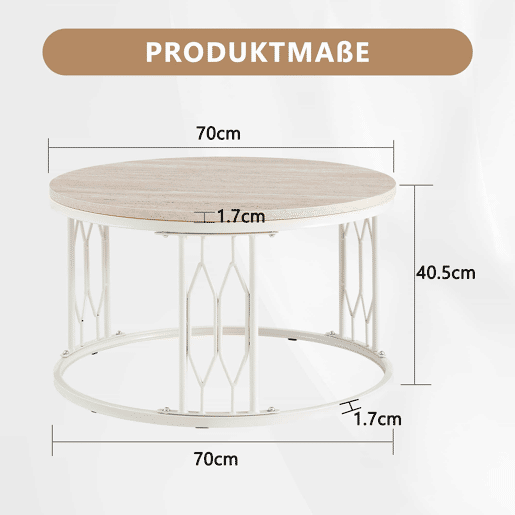 Mesa de centro redonda 70 x 40,5 cm u2014 design moderno com tampo com efeito de madeira e estrutura geométrica em metal u2014 Branco Mesa de centro redonda 70 x 40,5 cm u2014 design moderno com tampo com efeito de madeira e estrutura geométrica em metal u2014 Branco