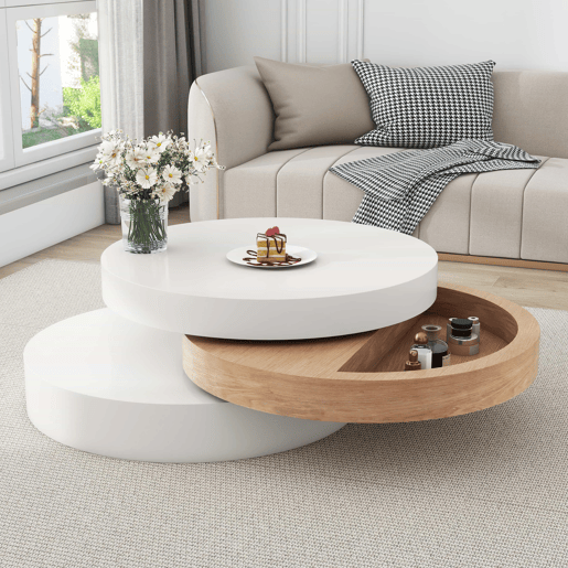 Mesa de centro cilíndrica - tampo giratório a 360° para sala de estar, mesa auxiliar de 3 níveis com 3 superfícies de arrumação, capacidade de carga de 30 kg, madeira de salgueiro com espaço de arrumação - Branco e natural Mesa de centro cilíndrica - tampo giratório a 360° para sala de estar, mesa auxiliar de 3 níveis com 3 superfícies de arrumação, capacidade de carga de 30 kg, madeira de salgueiro com espaço de arrumação - Branco e natural