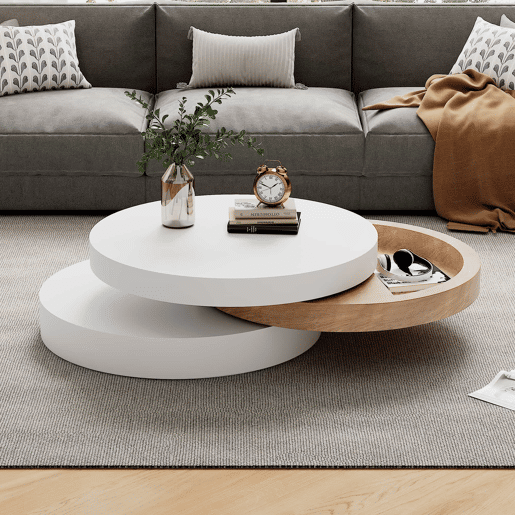 Mesa de centro cilíndrica - tampo giratório a 360° para sala de estar, mesa auxiliar de 3 níveis com 3 superfícies de arrumação, capacidade de carga de 30 kg, madeira de salgueiro com espaço de arrumação - Branco e natural Mesa de centro cilíndrica - tampo giratório a 360° para sala de estar, mesa auxiliar de 3 níveis com 3 superfícies de arrumação, capacidade de carga de 30 kg, madeira de salgueiro com espaço de arrumação - Branco e natural