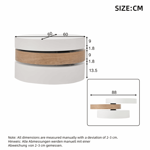 Mesa de centro cilíndrica - tampo giratório a 360° para sala de estar, mesa auxiliar de 3 níveis com 3 superfícies de arrumação, capacidade de carga de 30 kg, madeira de salgueiro com espaço de arrumação - Branco e natural Mesa de centro cilíndrica - tampo giratório a 360° para sala de estar, mesa auxiliar de 3 níveis com 3 superfícies de arrumação, capacidade de carga de 30 kg, madeira de salgueiro com espaço de arrumação - Branco e natural