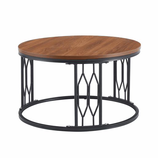 Mesa de centro redonda 70 x 40,5 cm u2014 design moderno com tampo com efeito de madeira e estrutura metálica geométrica u2014 nogueira