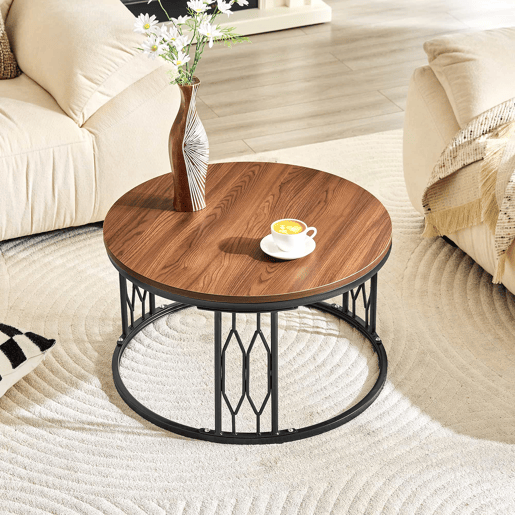 Mesa de centro redonda 70 x 40,5 cm u2014 design moderno com tampo com efeito de madeira e estrutura metálica geométrica u2014 nogueira