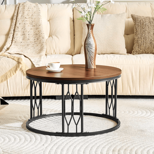 Mesa de centro redonda 70 x 40,5 cm u2014 design moderno com tampo com efeito de madeira e estrutura metálica geométrica u2014 nogueira