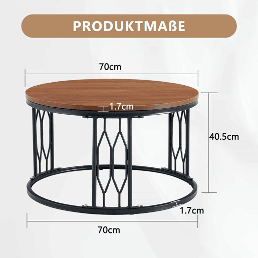 Mesa de centro redonda 70 x 40,5 cm u2014 design moderno com tampo com efeito de madeira e estrutura metálica geométrica u2014 nogueira