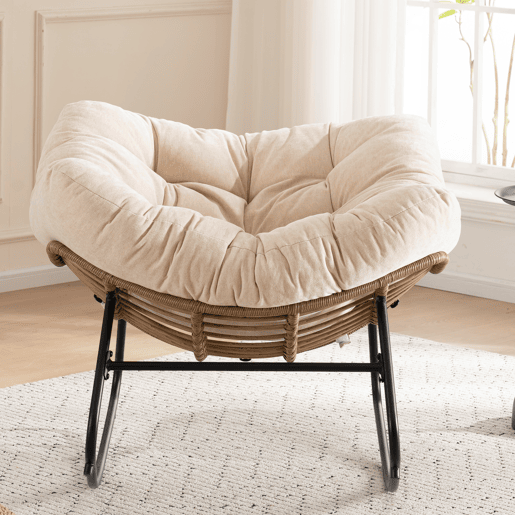 Cadeira de balanço de tamanho padrão - moderna, estofada em chenille, para sala de estar, quarto, quarto de criança e apartamento - bege Cadeira de balanço de tamanho padrão - moderna, estofada em chenille, para sala de estar, quarto, quarto de criança e apartamento - bege