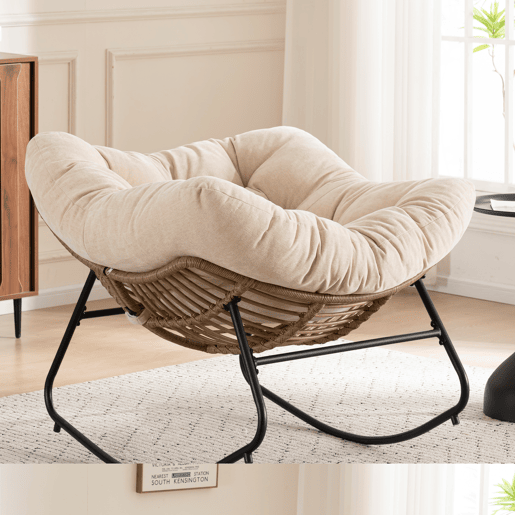 Cadeira de balanço de tamanho padrão - moderna, estofada em chenille, para sala de estar, quarto, quarto de criança e apartamento - bege Cadeira de balanço de tamanho padrão - moderna, estofada em chenille, para sala de estar, quarto, quarto de criança e apartamento - bege