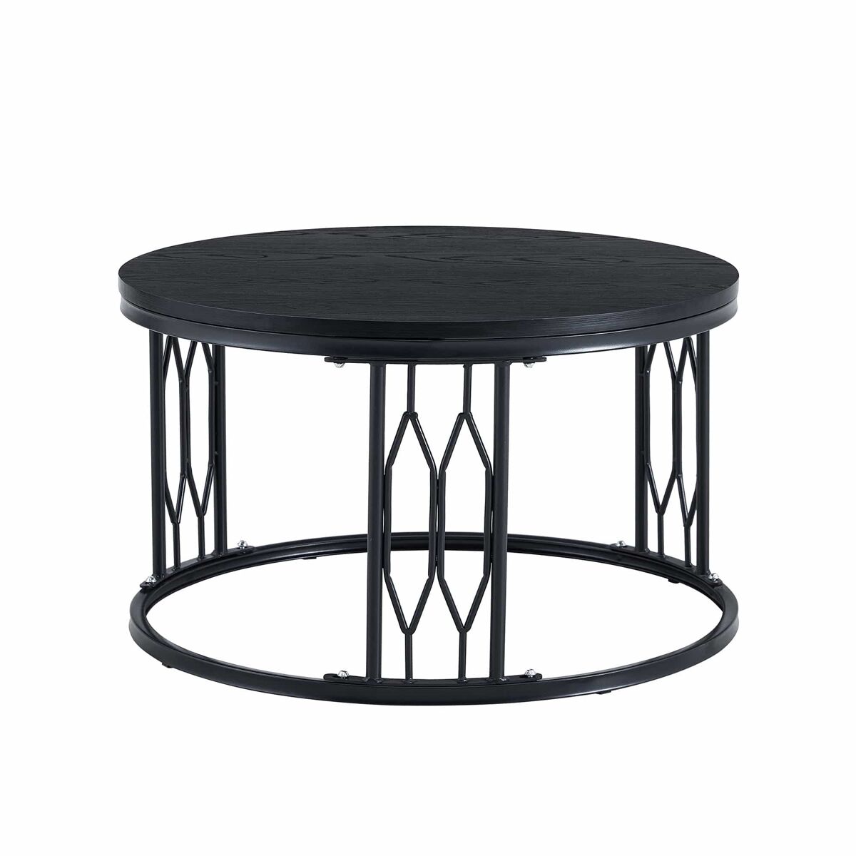 Mesa de centro redonda 70x40,5 cm - diseño moderno con tablero efecto madera y estructura metálica geométrica estable - negro