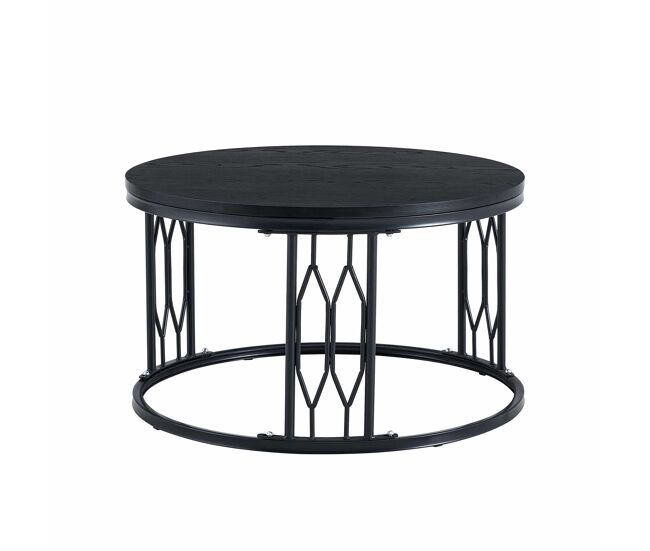Mesa de centro redonda 70x40,5 cm - diseño moderno con tablero efecto madera y estructura metálica geométrica estable - negro