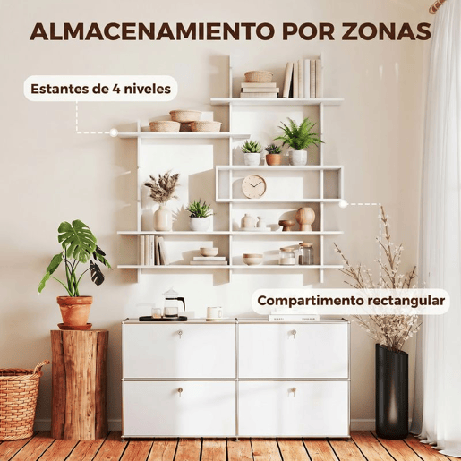 HOMCOM Estante de Parede Geométrica com 4 Prateleiras e Compartimento Central, Branca HOMCOM Estante de Parede Geométrica com 4 Prateleiras e Compartimento Central, Branca