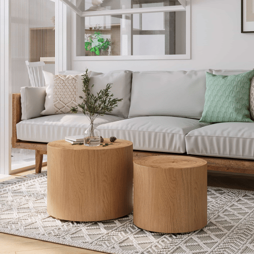 Conjunto de 2 mesas de centro redondas - estilo moderno em madeira com design de tronco natural e empilháveis - madeira natural Conjunto de 2 mesas de centro redondas - estilo moderno em madeira com design de tronco natural e empilháveis - madeira natural