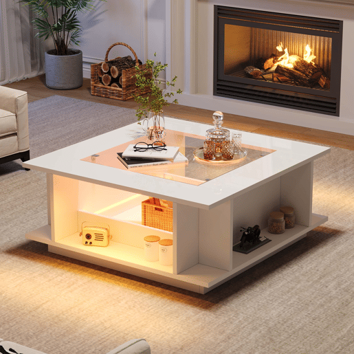 Mesa de centro 70x70x30 cm - quadrada, vidro, alto brilho, LED, aglomerado, 30 kg - branca Mesa de centro 70x70x30 cm - quadrada, vidro, alto brilho, LED, aglomerado, 30 kg - branca