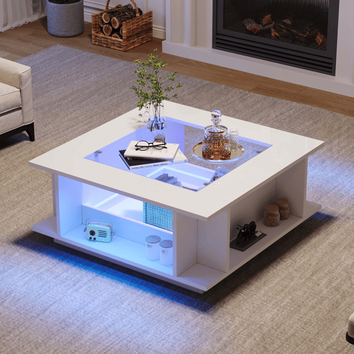 Mesa de centro 70x70x30 cm - quadrada, vidro, alto brilho, LED, aglomerado, 30 kg - branca Mesa de centro 70x70x30 cm - quadrada, vidro, alto brilho, LED, aglomerado, 30 kg - branca