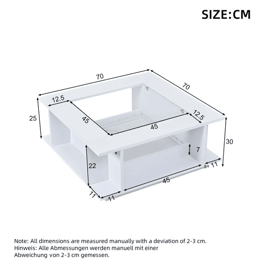 Mesa de centro 70x70x30 cm - quadrada, vidro, alto brilho, LED, aglomerado, 30 kg - branca Mesa de centro 70x70x30 cm - quadrada, vidro, alto brilho, LED, aglomerado, 30 kg - branca