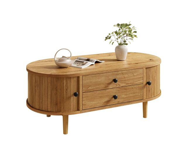 Mesa de centro moderna retro ovalada sin tamaño - puerta corredera, 2 cajones, ranuras verticales, patas de madera, multifuncional - roble