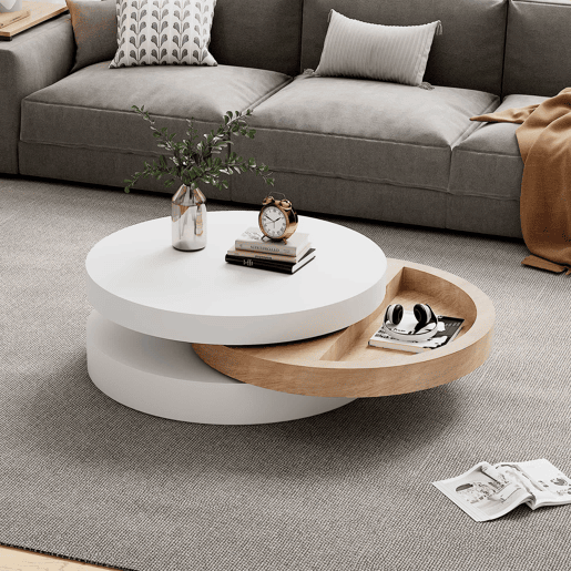 Mesa de centro cilíndrica - tampo giratório a 360° para sala de estar, mesa auxiliar de 3 níveis com 3 superfícies de arrumação, capacidade de carga de 30 kg, madeira de salgueiro com espaço de arrumação - Branco e natural Mesa de centro cilíndrica - tampo giratório a 360° para sala de estar, mesa auxiliar de 3 níveis com 3 superfícies de arrumação, capacidade de carga de 30 kg, madeira de salgueiro com espaço de arrumação - Branco e natural