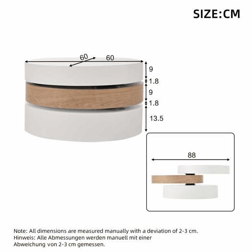 Mesa de centro cilíndrica - tampo giratório a 360° para sala de estar, mesa auxiliar de 3 níveis com 3 superfícies de arrumação, capacidade de carga de 30 kg, madeira de salgueiro com espaço de arrumação - Branco e natural Mesa de centro cilíndrica - tampo giratório a 360° para sala de estar, mesa auxiliar de 3 níveis com 3 superfícies de arrumação, capacidade de carga de 30 kg, madeira de salgueiro com espaço de arrumação - Branco e natural
