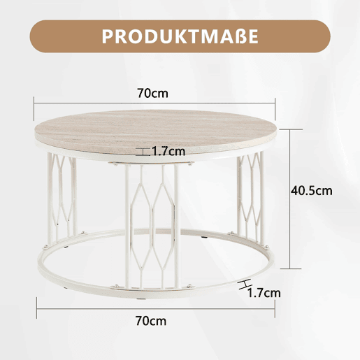 Mesa de centro redonda 70 x 40,5 cm u2014 design moderno com tampo com efeito de madeira e estrutura geométrica em metal u2014 Branco Mesa de centro redonda 70 x 40,5 cm u2014 design moderno com tampo com efeito de madeira e estrutura geométrica em metal u2014 Branco