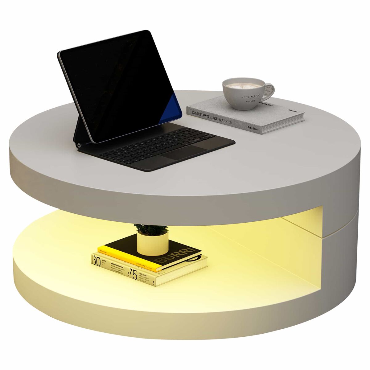 mesa de centro 70x70x355 cm - superficie giratoria 360 con luz led 2 niveles carga 30 kg - blanco