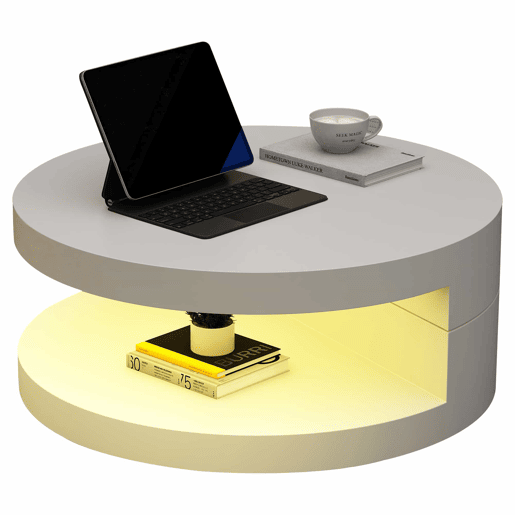 Mesa de centro 70 x 70 x 35,5 cm - Tampo giratório a 360° com luz LED, 2 níveis, capacidade de carga de 30 kg - Branco Mesa de centro 70 x 70 x 35,5 cm - Tampo giratório a 360° com luz LED, 2 níveis, capacidade de carga de 30 kg - Branco