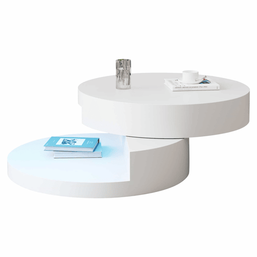 Mesa de centro 70 x 70 x 35,5 cm - Tampo giratório a 360° com luz LED, 2 níveis, capacidade de carga de 30 kg - Branco Mesa de centro 70 x 70 x 35,5 cm - Tampo giratório a 360° com luz LED, 2 níveis, capacidade de carga de 30 kg - Branco