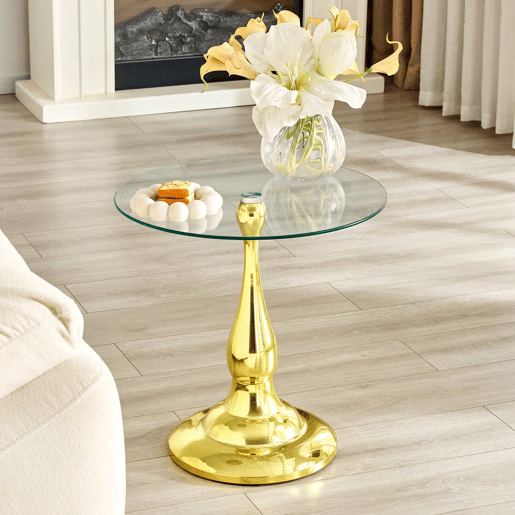 Mesa auxiliar redonda 50x50 cm - Vidro temperado e base estável, design moderno e compacto para a sala de estar ou o quarto - Dourado Mesa auxiliar redonda 50x50 cm - Vidro temperado e base estável, design moderno e compacto para a sala de estar ou o quarto - Dourado