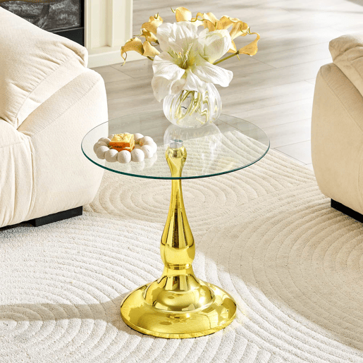 Mesa auxiliar redonda 50x50 cm - Vidro temperado e base estável, design moderno e compacto para a sala de estar ou o quarto - Dourado Mesa auxiliar redonda 50x50 cm - Vidro temperado e base estável, design moderno e compacto para a sala de estar ou o quarto - Dourado