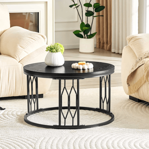 Mesa de centro redonda 70 x 40,5 cm u2014 design moderno com tampo com efeito de madeira e estrutura metálica geométrica e estável u2014 Preto