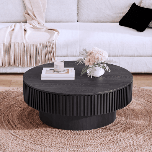 Mesa de centro de 75 cm - redonda, moderna, com espaço de arrumação, em madeira folheada - preta Mesa de centro de 75 cm - redonda, moderna, com espaço de arrumação, em madeira folheada - preta