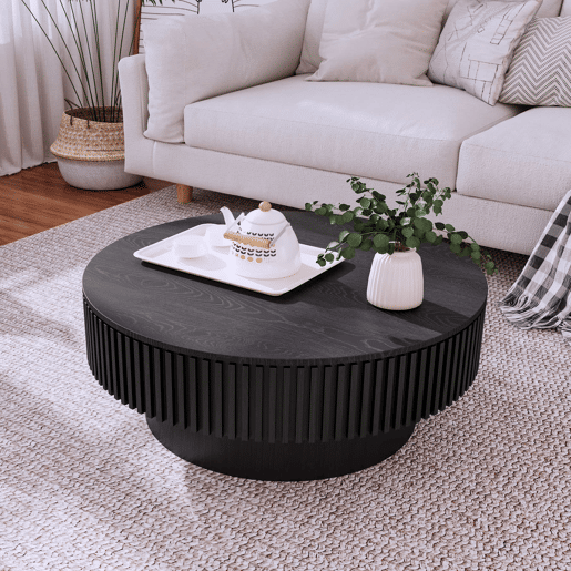 Mesa de centro de 75 cm - redonda, moderna, com espaço de arrumação, em madeira folheada - preta Mesa de centro de 75 cm - redonda, moderna, com espaço de arrumação, em madeira folheada - preta